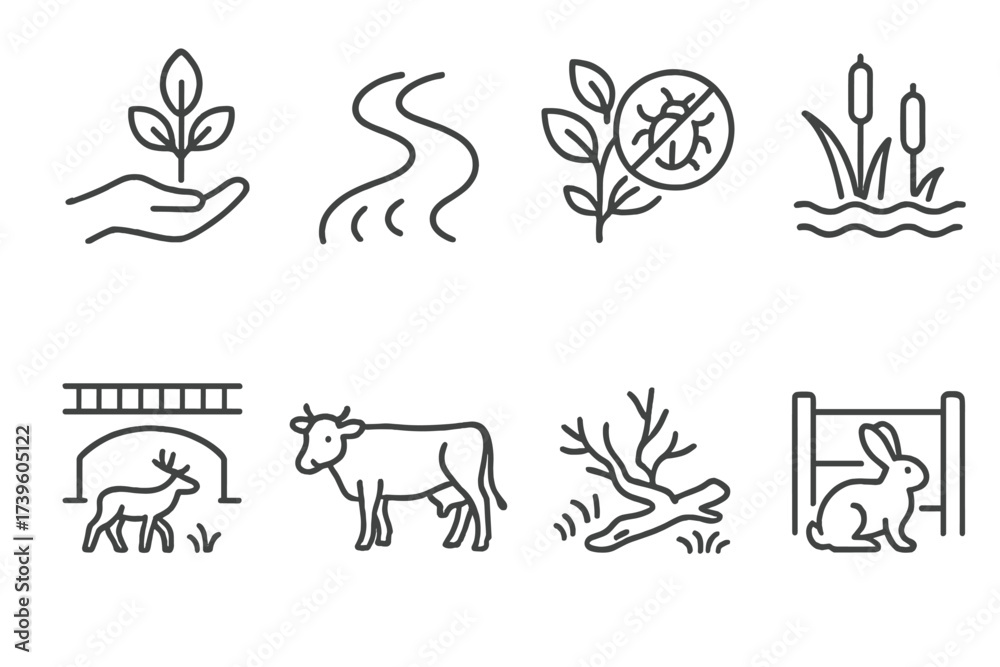 Fototapeta premium Rewilding Icons. Line style icons of rewilding interventions: tree planting, river re-meandering, invasive species removal,