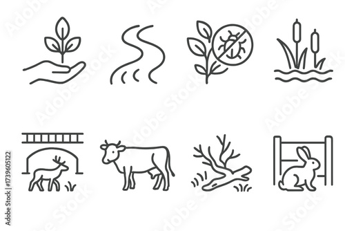 Rewilding Icons. Line style icons of rewilding interventions: tree planting, river re-meandering, invasive species removal,
