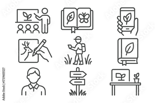 Rewilding Education Icons. Line style icons of rewilding education: outdoor class, nature journal, digital learning app, wildlife