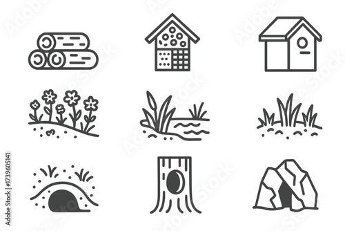 Line Style Microhabitats. Line style icons of microhabitats: log pile shelter, insect hotel, bird nest box, wildflower bank, pond