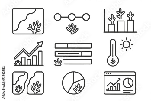 Coral Data Icons. Line style icons of coral data visualization: coral cover map, restoration timeline, species diversity chart,