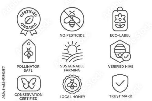 Bee-Friendly Certification Icons. Line style icons of bee-safe certifications: certified organic logo, no pesticide seal,