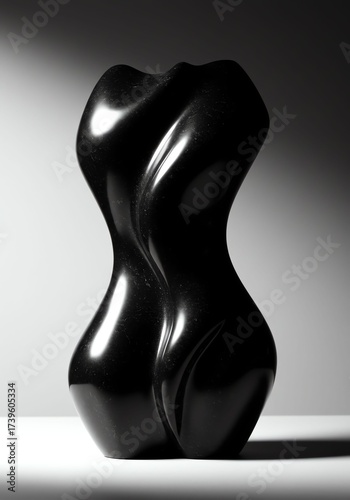 Abstract Black Sculptural Vase with Curved Modern Design on Light Background