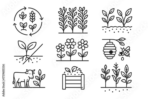 Sustainable Farming Icons. Line style icons of sustainable farming practices: crop rotation icon, hedgerow planting, cover crop