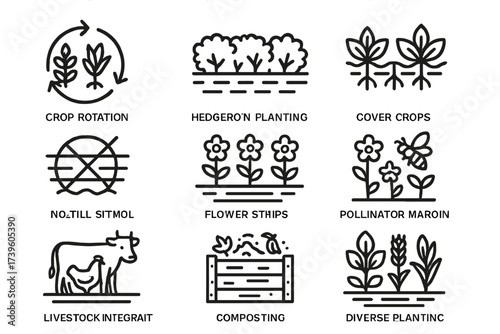 Sustainable Farming Icons. Line style icons of sustainable farming practices: crop rotation icon, hedgerow planting, cover crop