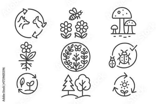 Ecological Balance Icons. Line style icons of ecological balance: predator-prey cycle, pollinator presence, decomposer fungi,