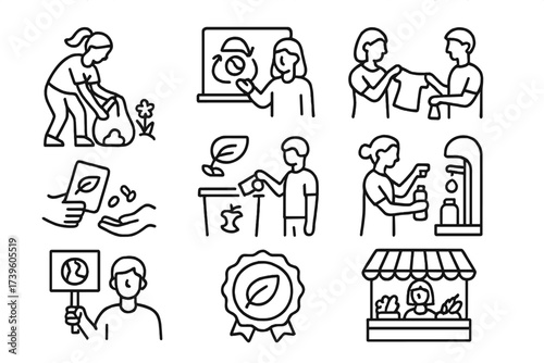 Zero-Waste Community Icons. Line style icons of zero-waste community actions: clean-up event, zero-waste workshop, clothing swap,