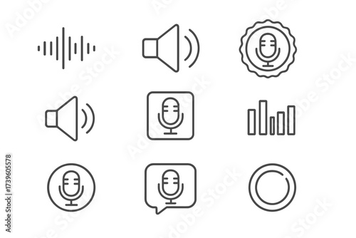 Podcast Visual Elements. Line style icons of podcast visuals: waveform preview, speaker icon, podcast badge, sound icon, branded