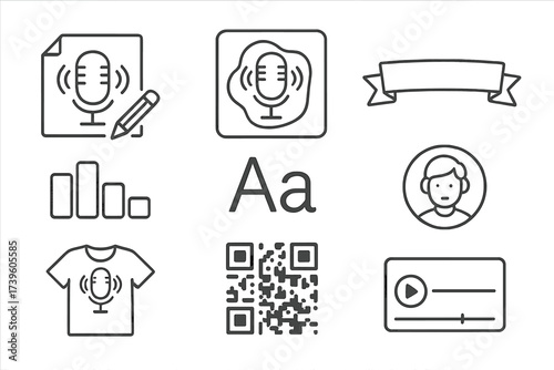 Podcast Branding Icons. Line style icons of podcast branding elements: logo sketch, cover art, tagline banner, color palette, font
