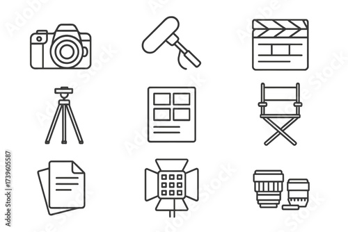 Indie Filmmaking Icons. Line style icons of indie filmmaking essentials: digital camera, boom mic, clapperboard, tripod,
