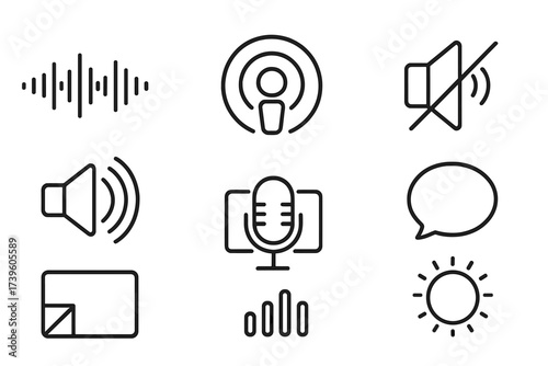 Podcast Visual Elements. Line style icons of podcast visuals: waveform preview, speaker icon, podcast badge, sound icon, branded