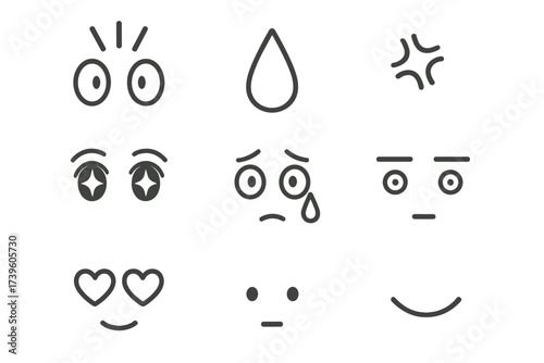 Anime Emotion Icons. Line style icons of anime expressions and emotions: surprise lines, tear drop, angry vein, sparkle eyes,