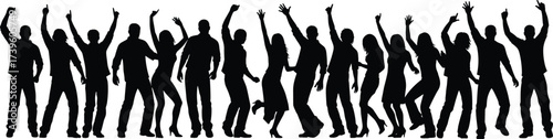 Silhouette people dancing, party crowd celebration, energetic poses, festive movement, black figures, joyful dance, concert vibe, social gathering, vector illustration