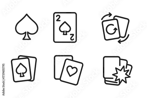 Card Game Icons. Line style icons of card game elements: suit symbol, numbered card, action icon, deck shuffle, discard pile, card