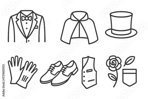 Magician's Attire Icons. Line style icons of magician’s attire: tuxedo suit, bowtie, magician cape, top hat, gloves, performance