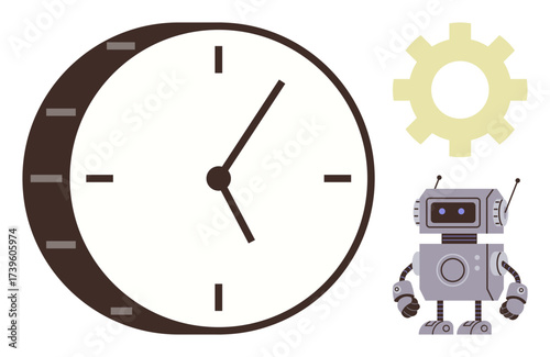Stylized robot beside a large clock and gear, representing time efficiency, technology, and automation. Ideal for productivity, innovation, planning, workflow optimization, time balancing teamwork