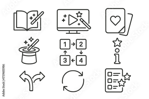 Magic Tutorial Icons. Line style icons of magic tutorial tools: instruction book, online video icon, trick breakdown, performance