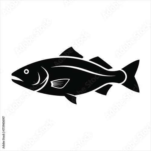 Black silhouette of a fish with fins and tail on white background animal