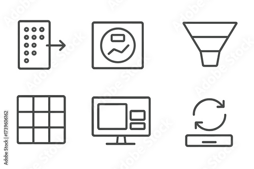 Dashboard Tool Icons. Line style icons of dashboard builder tools: drag panel, KPI tile, chart block, filter module, layout grid,