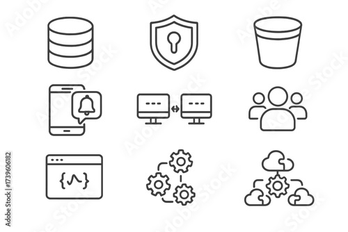 Backend Services Icons. Line style icons of backend-as-a-service elements: database service, authentication module, storage bucket