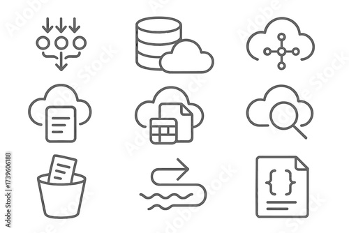 Serverless Data Icons. Line style icons of serverless data handling: event stream, database write, pub/sub message, storage read,
