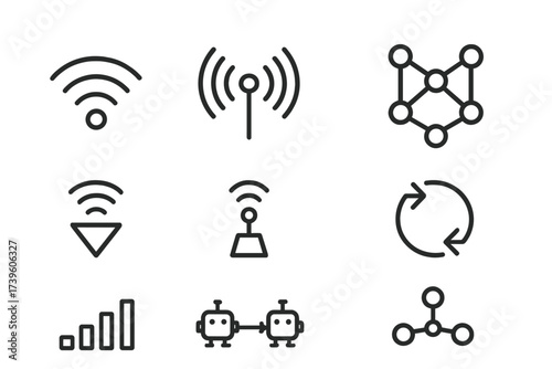 Swarm Communication Icons. Line style icons of swarm communication methods: wireless signal icon, radio wave, mesh network,