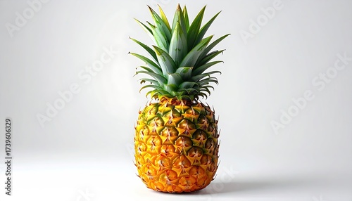 Studio Shot of a Golden Pineapple with Green Crown on a White Background Lit by Soft Natural Light Tropical Fruit Still Life