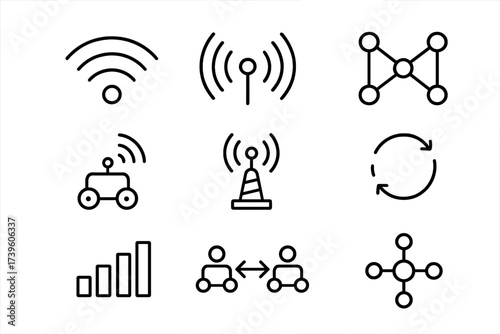 Swarm Communication Icons. Line style icons of swarm communication methods: wireless signal icon, radio wave, mesh network,