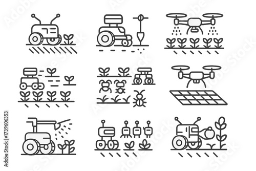 Agricultural Robotics Icons. Line style icons of swarm robotics in agriculture: crop monitoring bots, soil analysis unit, swarm