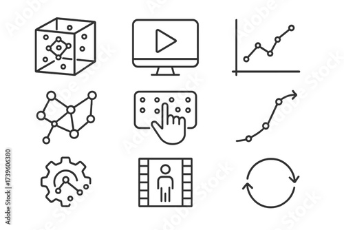 Swarm Simulation Icons. Line style icons of swarm simulation and modeling: 3D swarm model, test simulation icon, behavior chart,