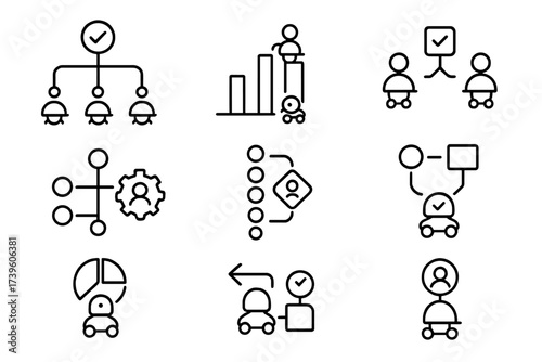 Swarm Robotics Icons. Line style icons of task allocation in swarm robotics: distributed task icon, load balancing chart, agent