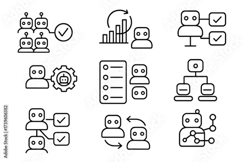 Swarm Robotics Icons. Line style icons of task allocation in swarm robotics: distributed task icon, load balancing chart, agent