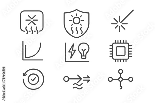 Cooling and Efficiency Icons. Line style icons of cooling and efficiency systems: heat-dissipating optic pad, photonic thermal