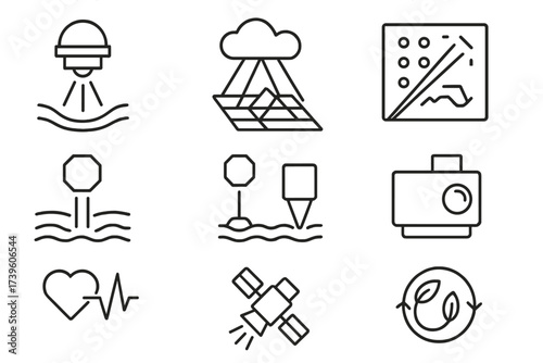 Optical Computing Icons. Line style icons of environmental uses of optical computing: atmospheric scanner, climate model beam,