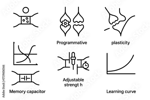 Artificial Synapse Icons. Line style icons of artificial synapses: synaptic weight, programmable connection, plasticity icon, STDP