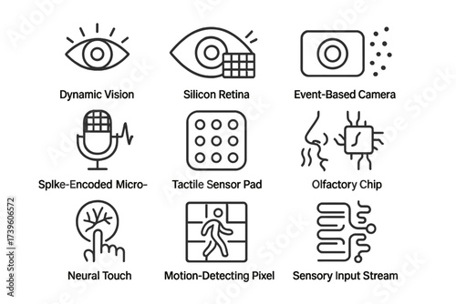 Neuromorphic Sensor Icons. Line style icons of neuromorphic input sensors: dynamic vision sensor, silicon retina, event-based