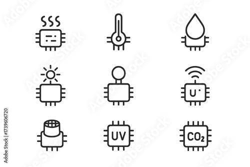 Smart Dust Sensors Icons. Line style icons of environmental sensing smart dust: air quality sensor, temperature microprobe,