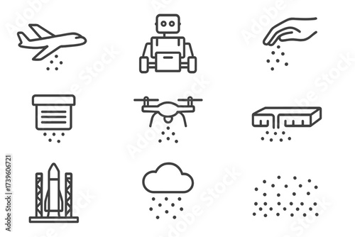 Smart Dust Deployment Icons. Line style icons of smart dust deployment: aerial dispersal icon, robot drop unit, handheld release,