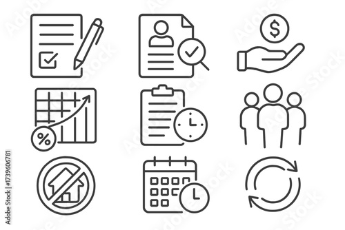 Microloan Process Icons. Line style icons of microloan processes: loan request form, credit evaluation, disbursal icon, interest