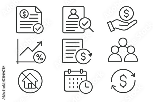 Microloan Process Icons. Line style icons of microloan processes: loan request form, credit evaluation, disbursal icon, interest