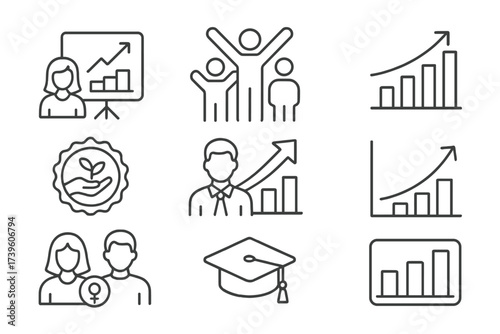 Microfinance Impact Icons. Line style icons of impact tracking in microfinance: borrower success graph, community uplift icon,