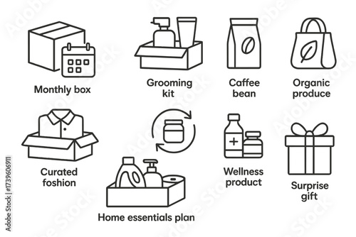 Subscription Product Icons. Line style icons of physical product subscriptions: monthly box icon, grooming kit delivery, coffee