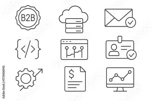 B2B Subscription Icons. Line style icons of B2B subscription economy: CRM software badge, cloud storage tier, email service plan,