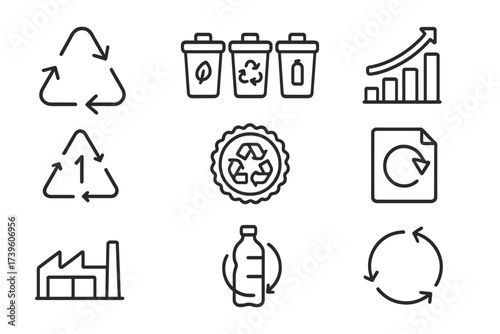 Recycling Process Icons. Line style icons of recycling processes: recycling arrows icon, sorting bins, material recovery chart,