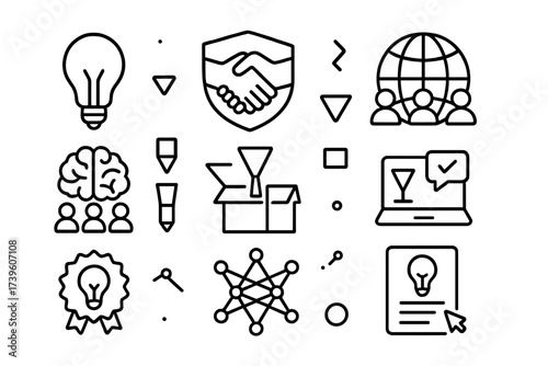 Crowdsourced Innovation Icons. Line style icons of crowdsourced innovation basics: idea bulb icon, open collaboration badge,