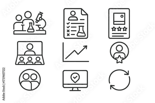 Community R&D Icons. Line style icons of community-driven R&D: collaborative lab icon, user experiment log, prototype feedback