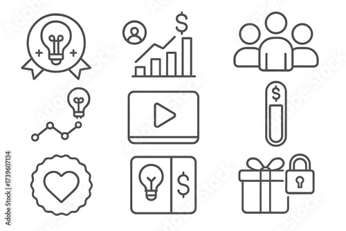 Crowdfunding Icons Collection. Line style icons of crowdsourced funding for innovation: crowdfunding badge, investor interest