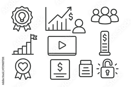 Crowdfunding Icons Collection. Line style icons of crowdsourced funding for innovation: crowdfunding badge, investor interest