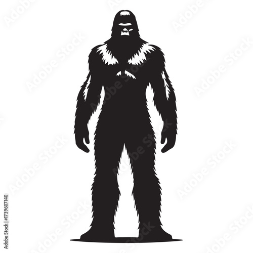 Black and white silhouette of a walking Yeti bigfoot