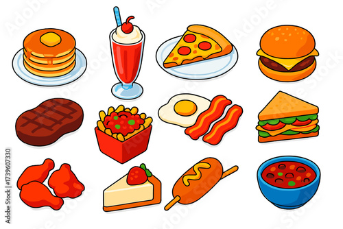 American Diner Feast Icons. Isometric vector illustration set American diner meals: stacked pancakes, milkshake glass, pizza slice